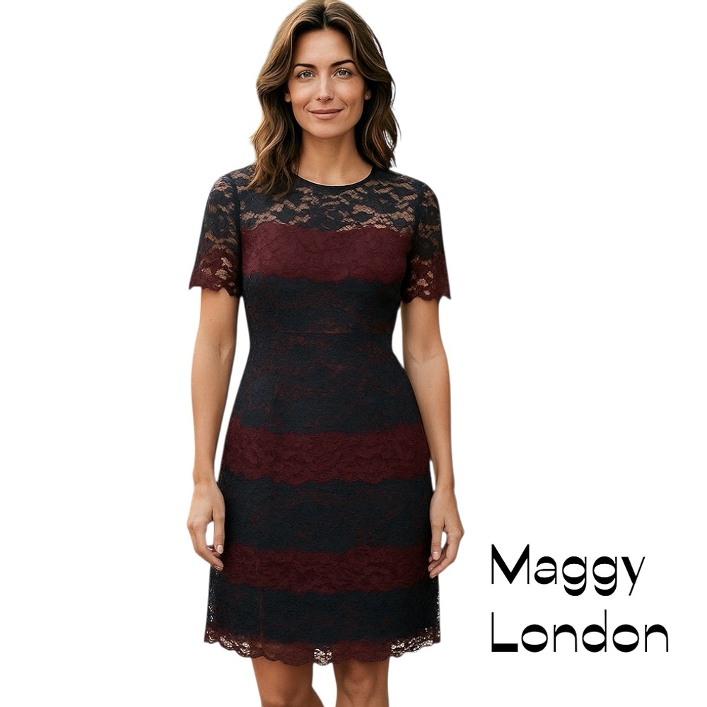 Maggy London Black and Burgundy Lace Fit-and-Flare Dress